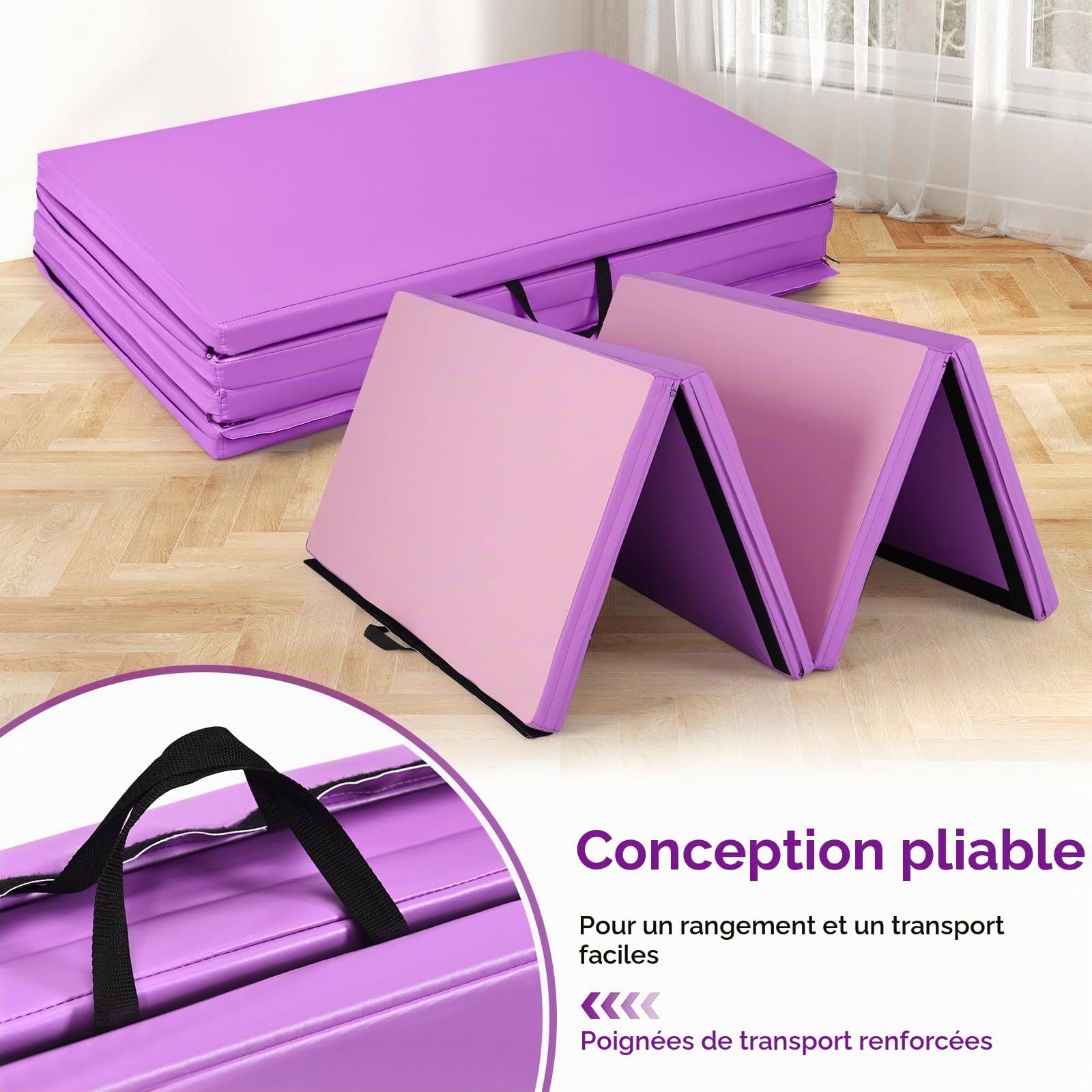 GOPLUS Tapis de Gym Épais Pliable, 240x118x5 CM, Tapis de Gymnastique 4 Plis avec Attaches Auto-Agrippante, Poignée Transport Portable en Cuir, Tapis Fitness pour Yoga, Sport