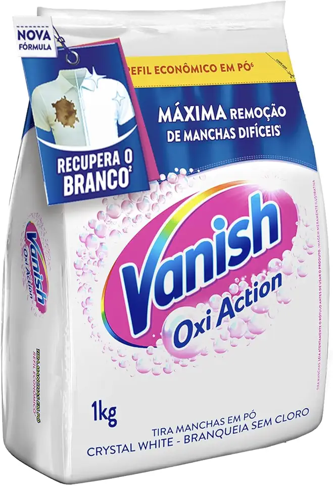 Vanish Oxi Action - Tira Manchas Em Pó, Crystal White, Refil Econômico para roupas brancas, 1 Kg