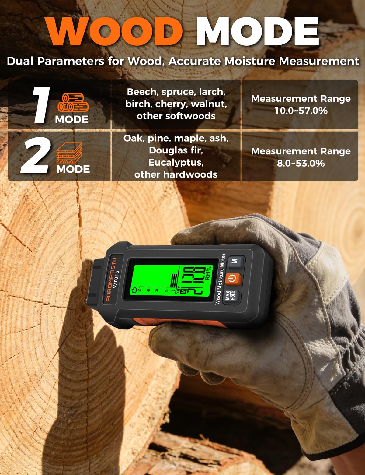 5 IN 1 Testeur Humidité Bois WT01S,POROMETISTO Détecteur humidité 5 MODES, Detecteur humidite avec Valeur Maximale, Détecteur d'Humidité pour Bois Murs Béton Maçonnerie, Testeur humidité platre