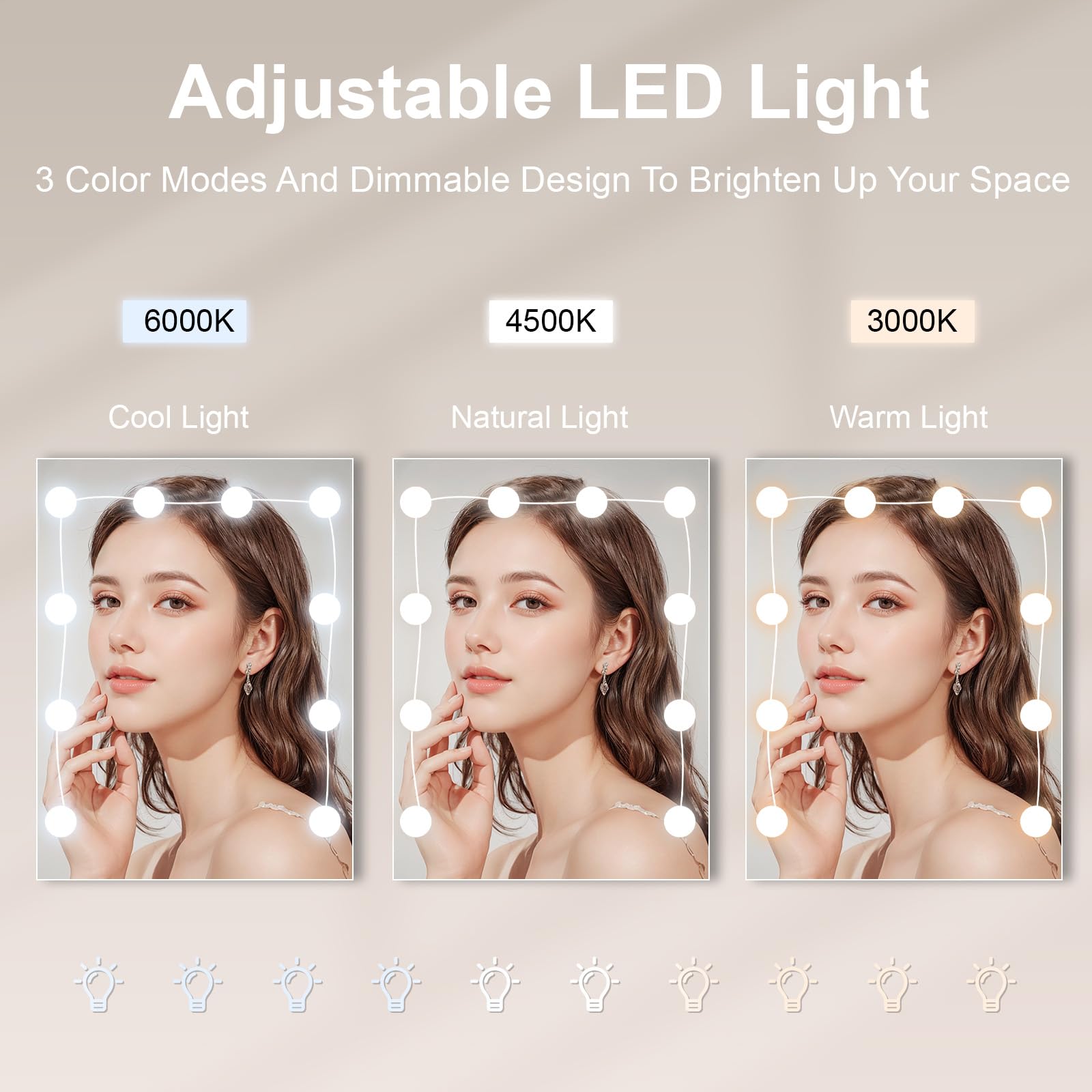 Tavolo da toeletta con illuminazione LED, tavolo da trucco con specchio per il make-up, tavolo da toeletta con specchio, 3 colori con luminosità regolabile, Bianco - M41
