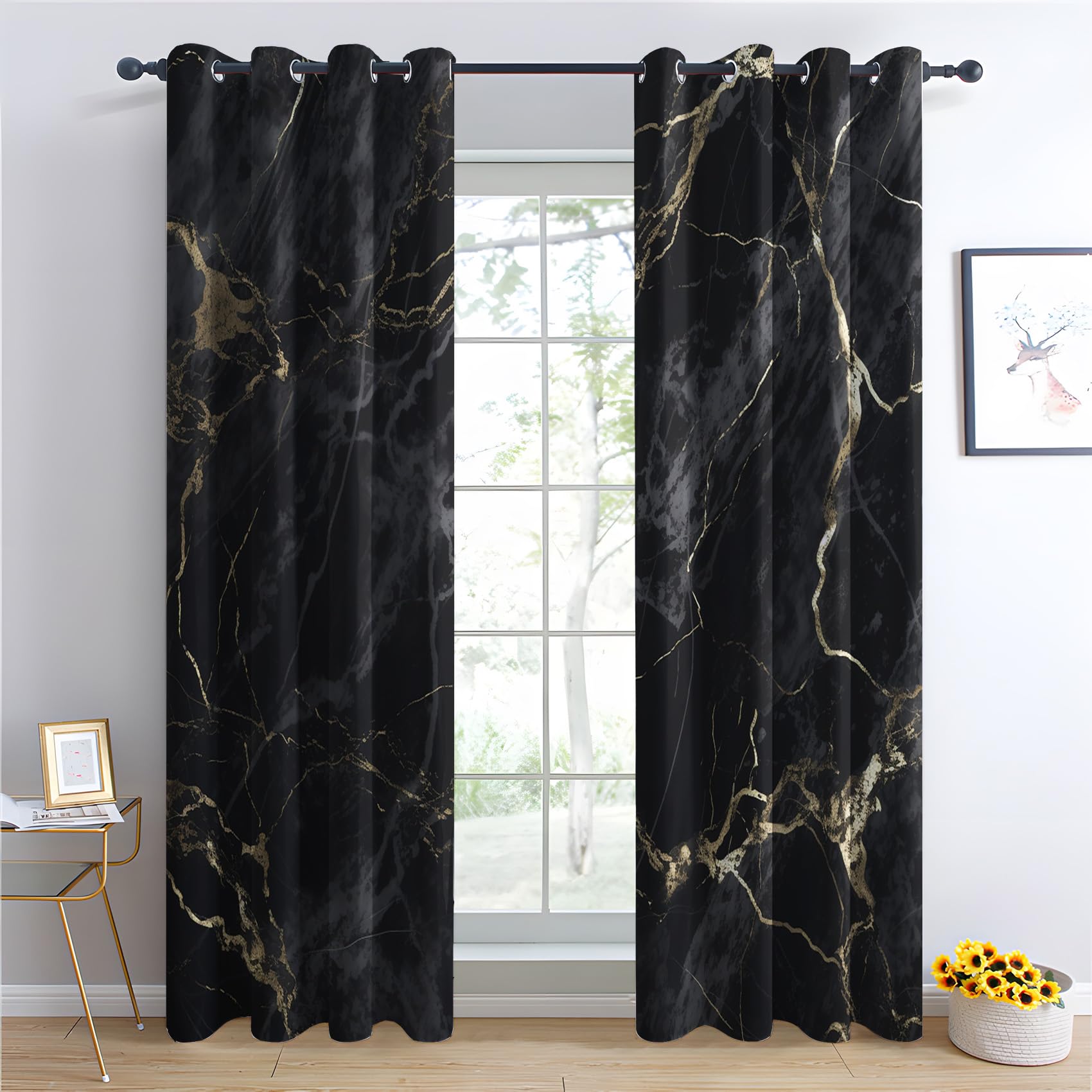 Marmor Vorhänge, Verdunklungsvorhänge mit Muster Schwarz Gold, Vorhang Blickdicht mit Ösen, Gardinen für Wohnzimmer Schlafzimmer Kinderzimmer Deko 2er Set - 220x140 (H X B) (Qm-&126)