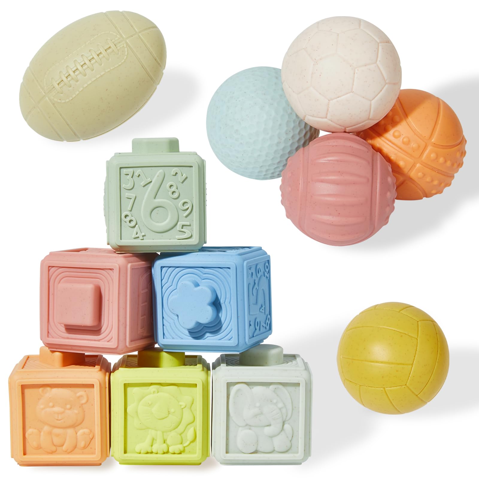 Montessori Toys Soft Stacking Building Blocks Baby Toys 6 to 12 Months, Sensory Ball Toys for Babies Toddlers 1-3 Teething Bath Sports Toys for Infants Learning Toy
