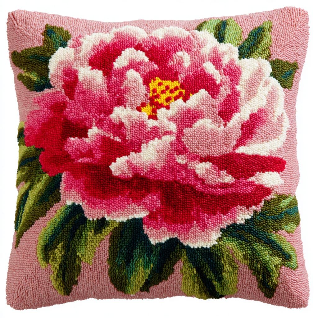 Taxpy Latch Hook Kits, Peony Flowers Pillow for Pillow Pre-Printed Patterns Pillowcase Needlework Crochet Yarns Latch Hooking Cushion 17x17inch