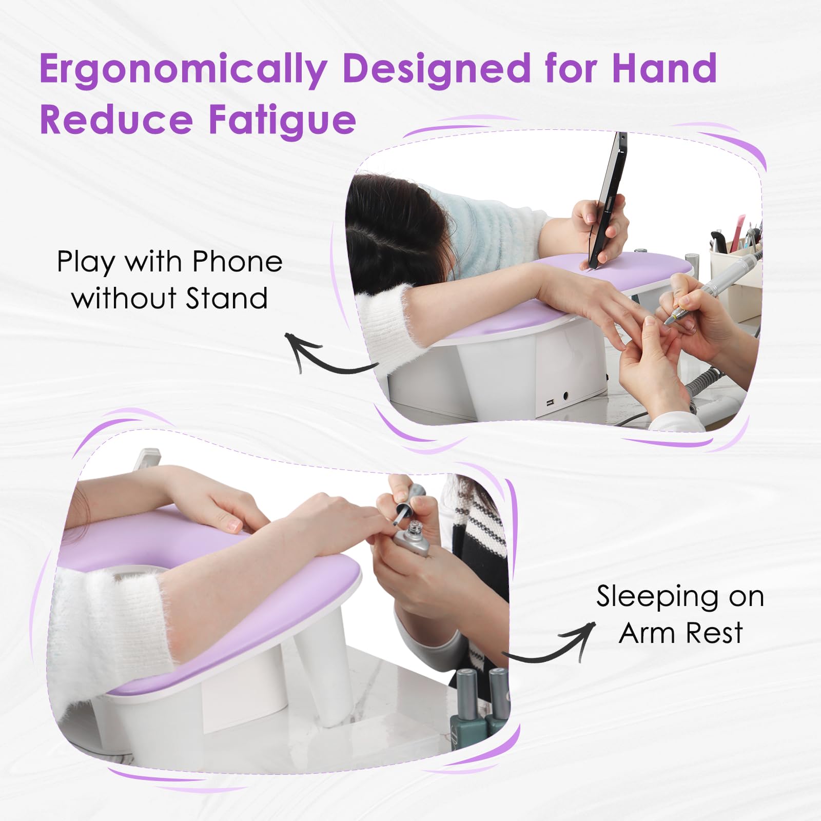 LIONVISON Reposabrazos para Nail Techs en forma de U, cómodo cojín de almohada para manicura, reposabrazos de piel sintética para tecnología de arte de uñas acrílicas, instalación rápida, color morado