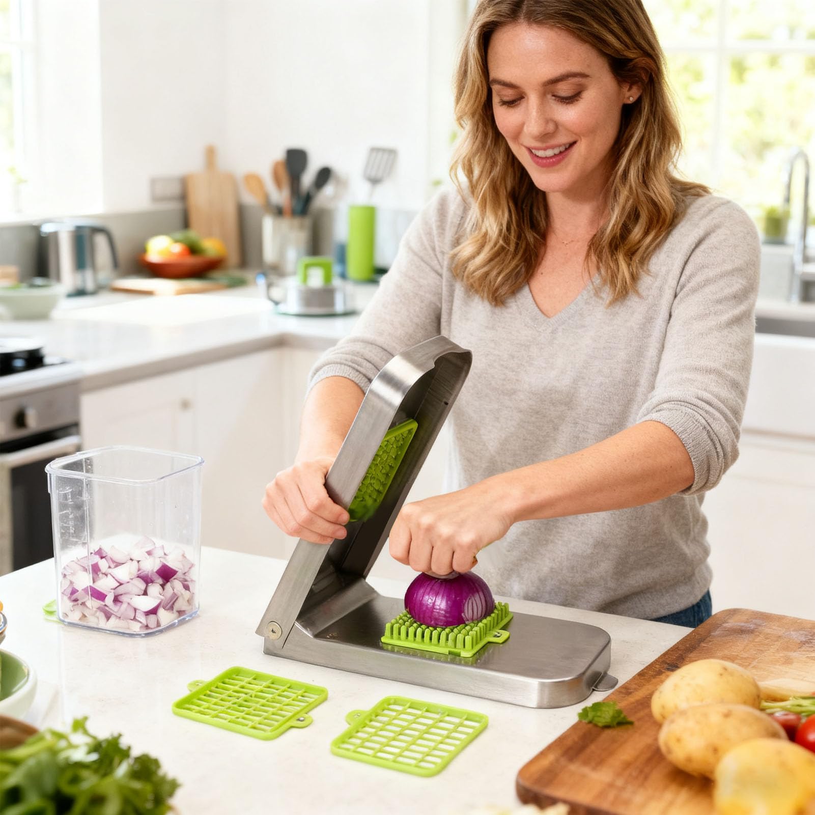 Focket Picadora de Verduras, Picadora Manual de Alimentos con Recipiente y Cuchillas de Acero Inoxidable, Rebanadora y Cortadora de Mandolina, para Ensalada, Papa, Zanahoria Ajo