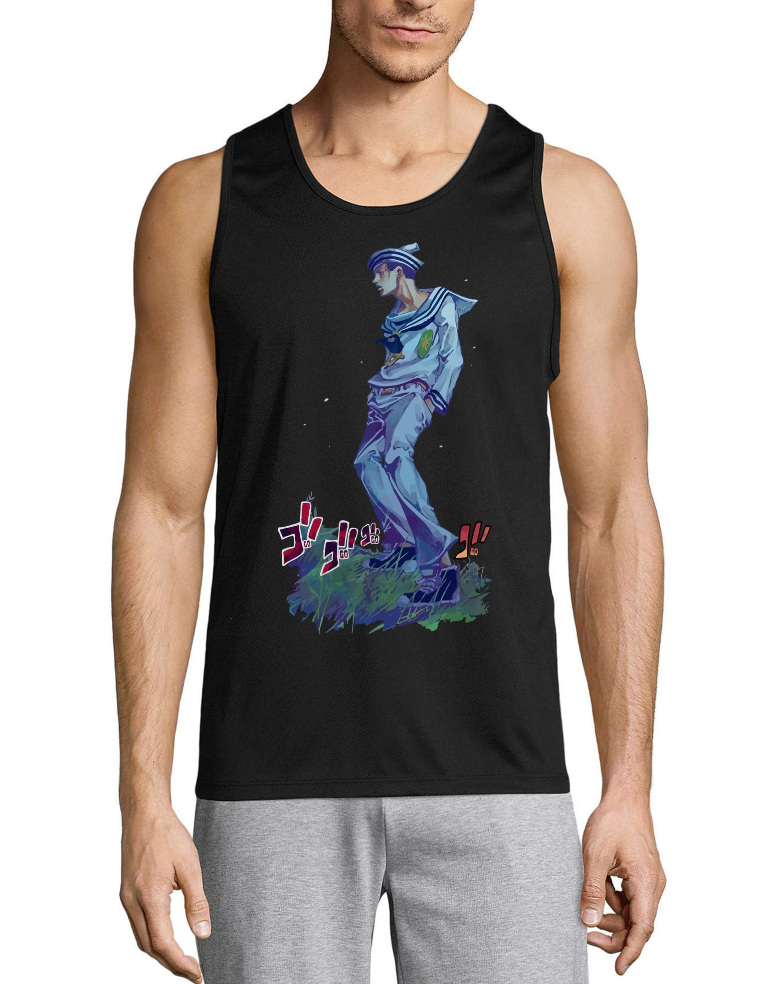 Débardeur noir homme en coton imprimé Anime 70 style manga rétro