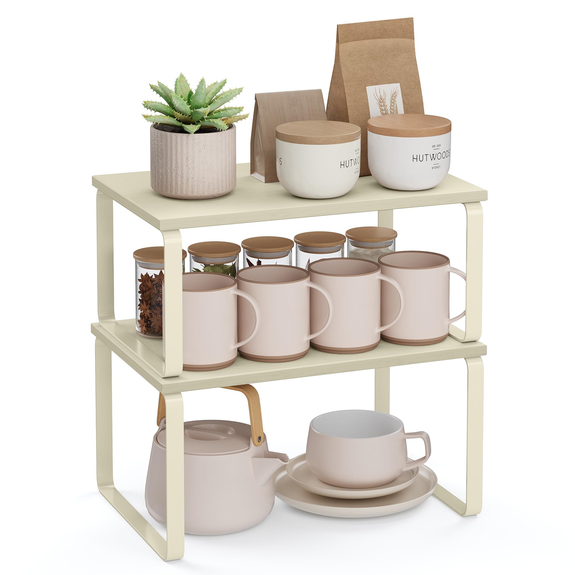 SONGMICS Étagère à Épices, Lot de 2, Organisateur de Placard, Étagère de Rangement de Cuisine Extensible, Porte-épices Empilable, Métal, Bois d’Ingénierie, Blanc Crème KCS002W02