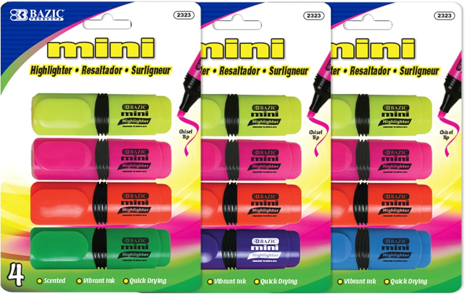 BAZIC PRODUCTS Mini Highlighter w/Pocket Clip – Assorted Color Chisel Tip Highlighter Set, Desk Style Highlighter Pen for Office, School, and Study Use, Smooth Marking, (4/Pack), 24-Packs