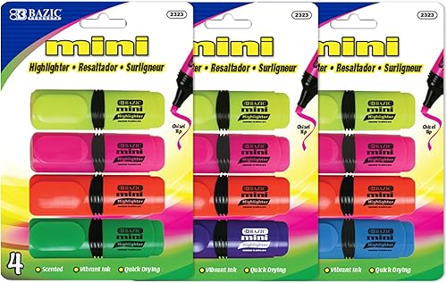 BAZIC - Mini resaltador con clip de bolsillo, colores surtidos, punta de cincel resaltadores de línea fina ancha, marcador para colorear sin perfume
