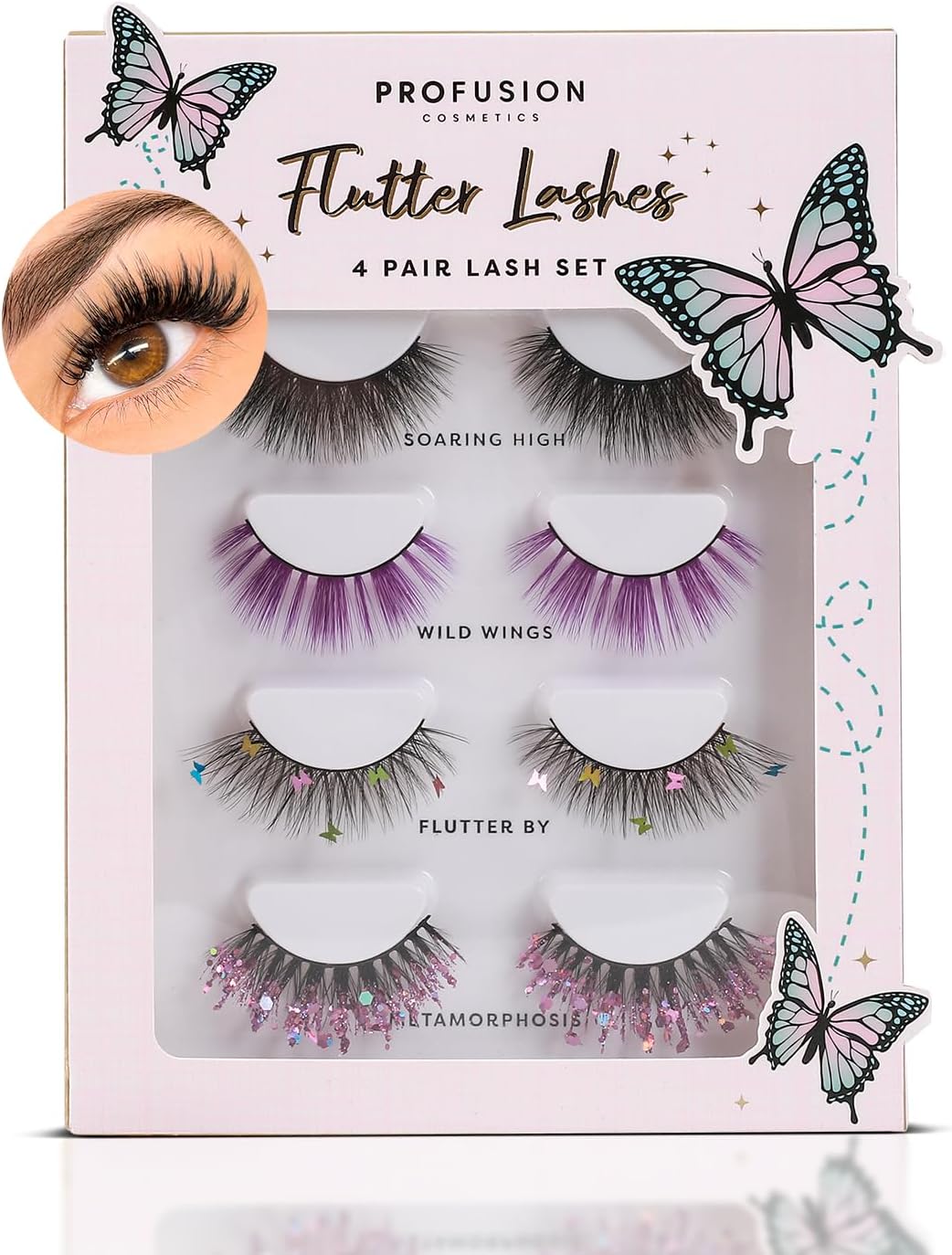 Profusion Cosmetics Empowered Butterfly Flutter Lashes 4 Pairs Eyelash Set โ Soft Wispy & Glitter False Lashes with Thin Flexible Band, Reusable & All-Day Comfortable Wear