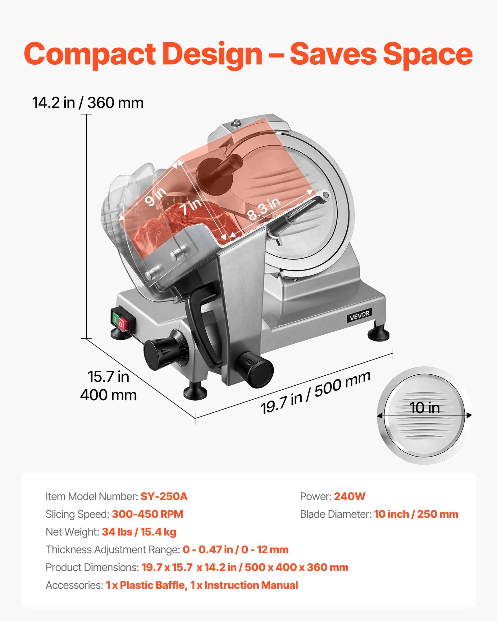 VEVOR Elektrische Aufschnittmaschine 250 mm Klinge, 240 W Allesschneider Fleischschneidemaschine mit Integriertem Schärfer und 0-12 mm Einstellbarer Schnittstärke, für Gefrorenes Fleisch Schinken