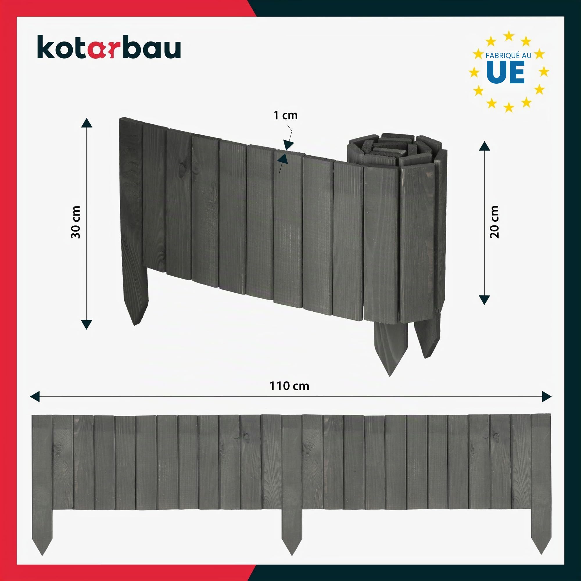 KOTARBAU® Bordure Jardin Exterieur Bois - 110 x 20 cm - Cloture Bois Jardin - Antracite- Palissade Flexible - Décoration
