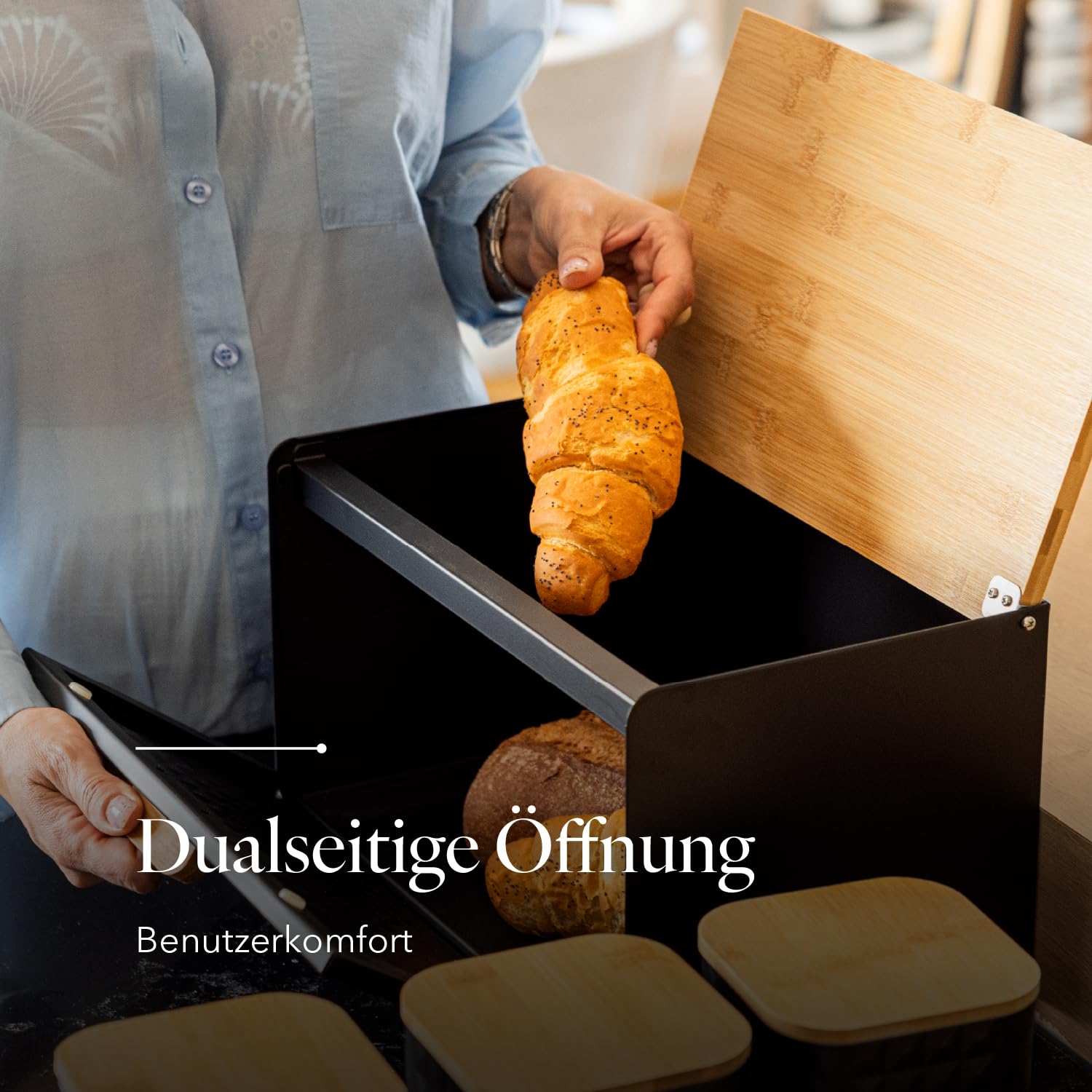FLORINA Brotkasten inkl. 3-er-Set Aufbewahrungsdosen CUBE I Brotbox aus Stahl und Bambus-Deckel I Geräumiger und moderner Brotbehälter I 3 Vorratsdosen für Kaffee Tee Zucker I Farbe: Schwarz