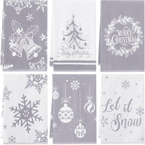 Tatuo 6 toallas de cocina navideñas con copos de nieve, campanas de árbol de Navidad, toallas de mano absorbentes para vacaciones de invierno,