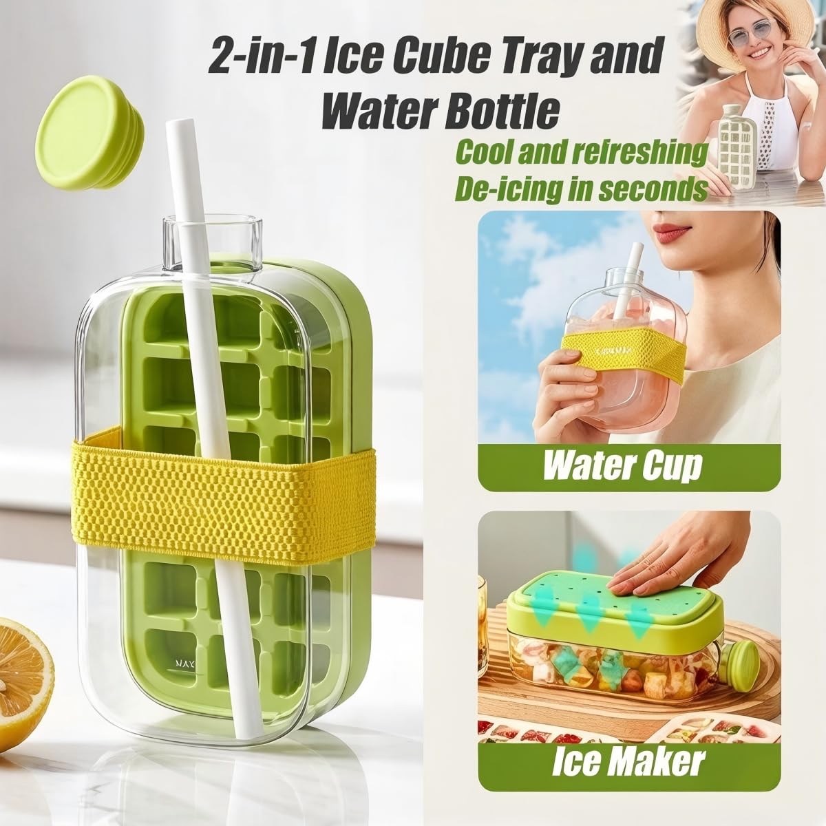 2-In-1 Ice Cube Maker Bottle With Straw, Portable Water Bottle With Ice, Touch-Free Ice Release, Quick Ice Maker For Travel, Gym, Outdoor, Home Use (Green, 800ml) on Fridge.com - View 2