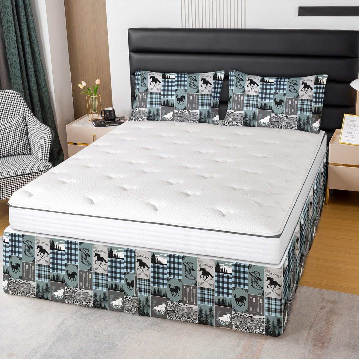 Erosebridal Western Cowboy Bed Skirt Queen, Horse Arrow Bed Skirts with 2 Pillow Cases, Riding Boots Horseshoe Bedskirt Rustic Farmhouse Patchwork Bedding Set for Kids Boys Teens Bedroom Decor