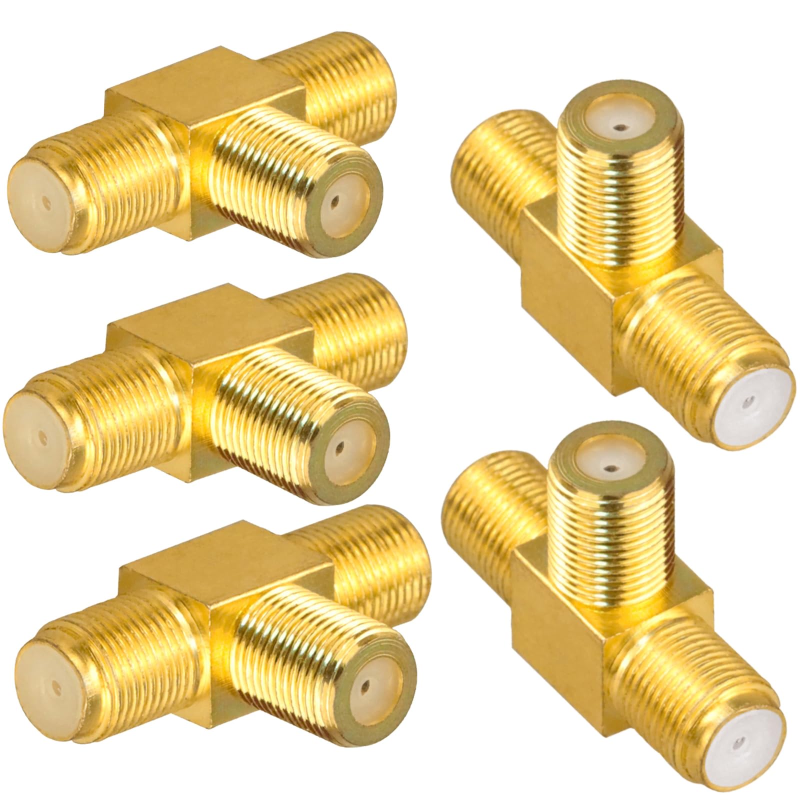 5pcs F Type Coax Splitter 3 Way Adapter Connector F Jack Female to Double F Female RF Coaxial Adapter Connector for Combiner TV Cable Satellite Antenna (Gold)