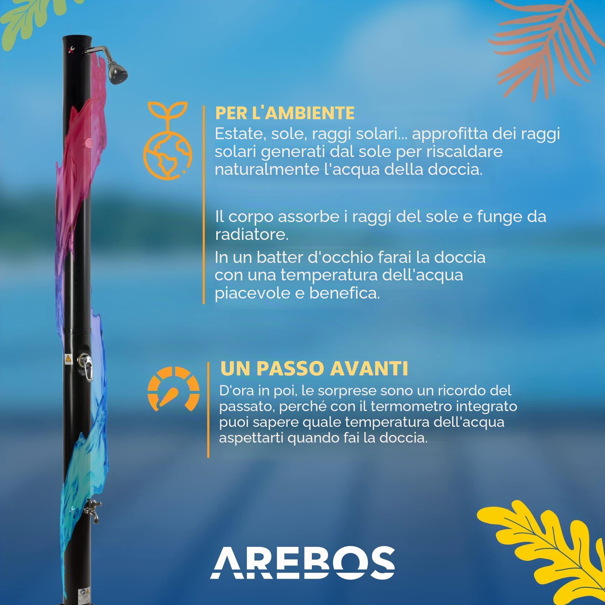 AREBOS Doccia Solare | 20 Litri | 221 cm | con termometro Integrato | incl.Copertina | soffione Doccia Tondo | con Doccia a Piedi | Doccia da Giardino con Attacco per Tubo Flessibile da Giardino
