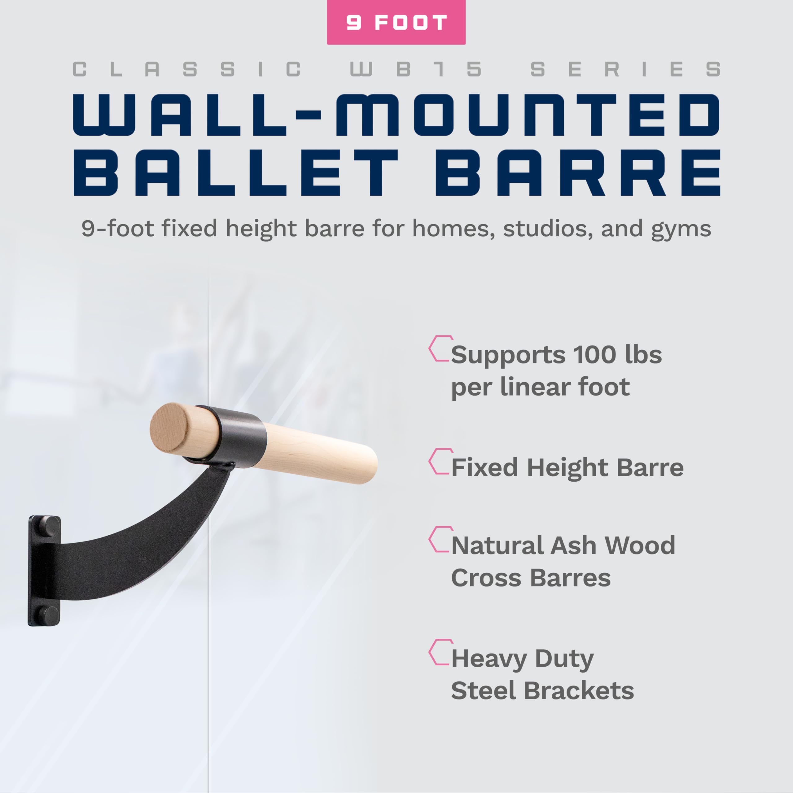VITA Barre Wall-Mounted Single Ballet Barre, Classic WB15, 9 Ft Bar, Wood | Fixed Height, Made in USA, Home, Studio or Gym Exercise Equipment for Kids & Adults | Dance, Fitness, Pilates
