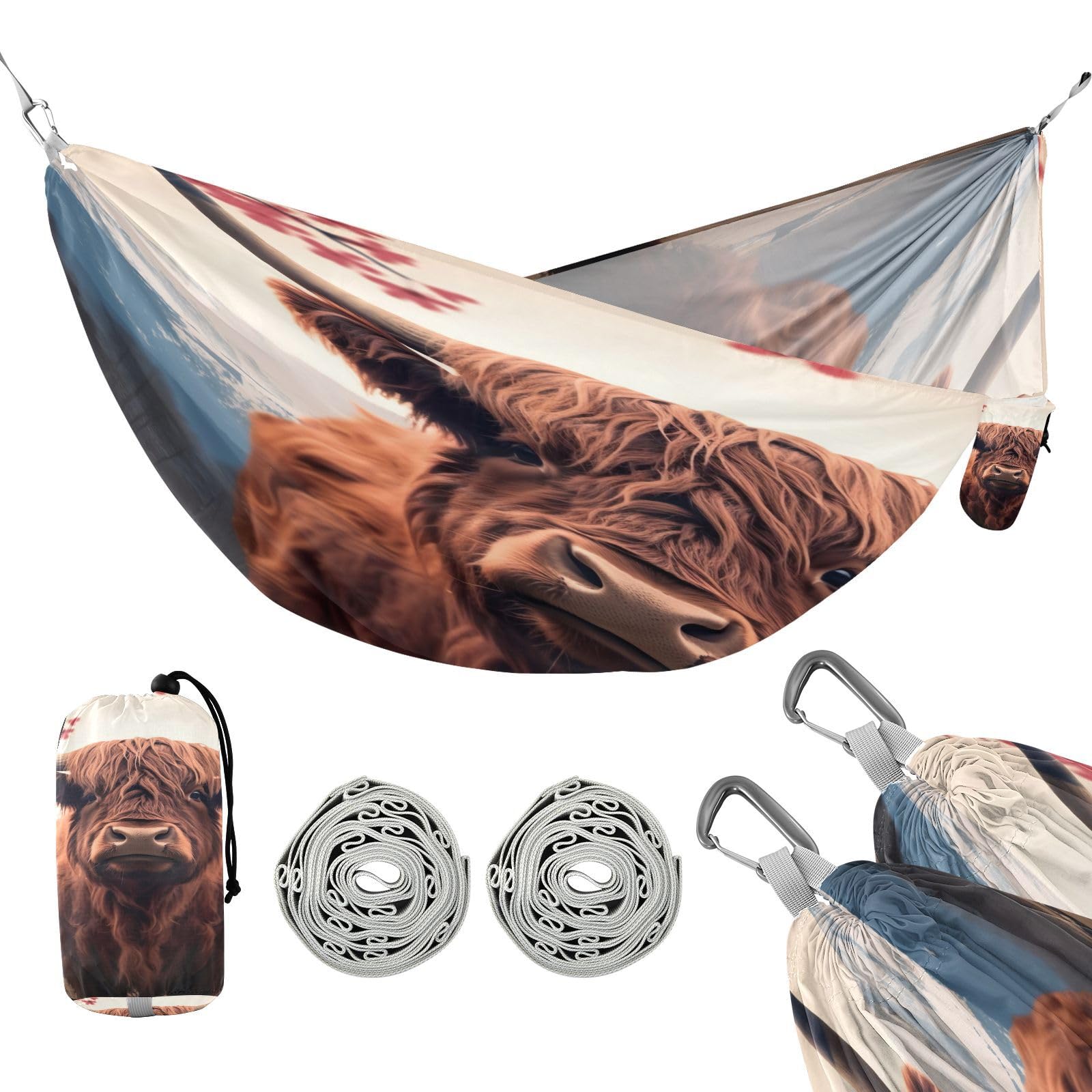 Haskirky Highland Cows Camping Hammock, Single Portable Hammocks with Tree Straps & Attached Carry Bag, 330Lbs Capacity Perfect for Outside Indoor Hiking Beach Backpack Travel