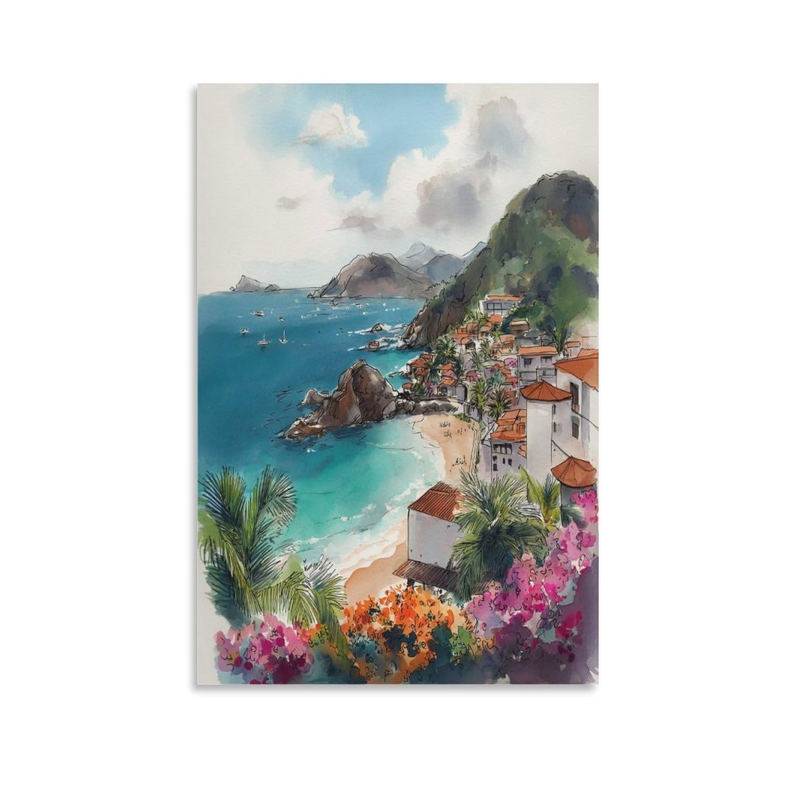 LCYNNH Grenada Watercolor Painting Caribbean Travel 20x30inch(50x75cm) Print Home Bedroom Office Living Room Decor Canvas