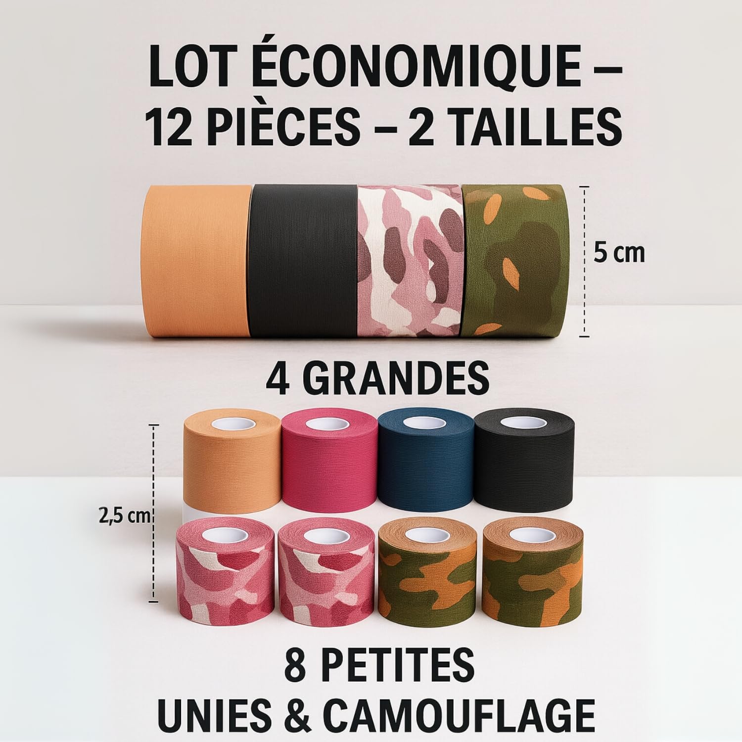 Bande kinesiologique 12 pieces - Kinesio Tape Sport Genou, Epaule, Cheville, Dos - Strapping Elastique Anti-Douleur, Waterproof & Hypoallergénique - Taping musculaire pour Tendinite, Entorce, Crossfit
