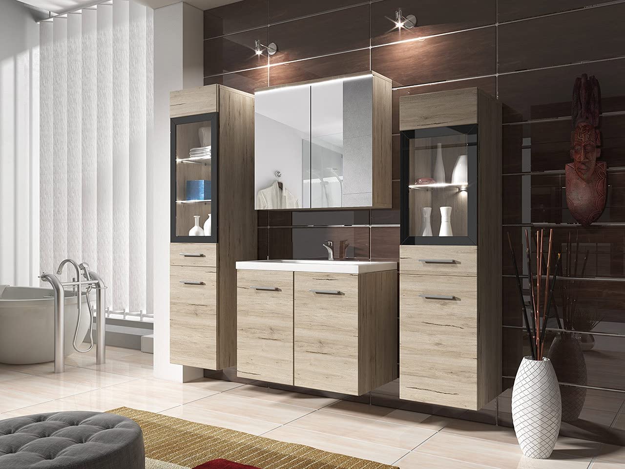 PIASKI Conjunto de Muebles de baño Udine, Lavabo Incluido, Juego de Muebles de baño, Armario Alto, Mueble de Lavabo, Espejo, Armario acristalado, sifón y lavaboincluido (San Remo)