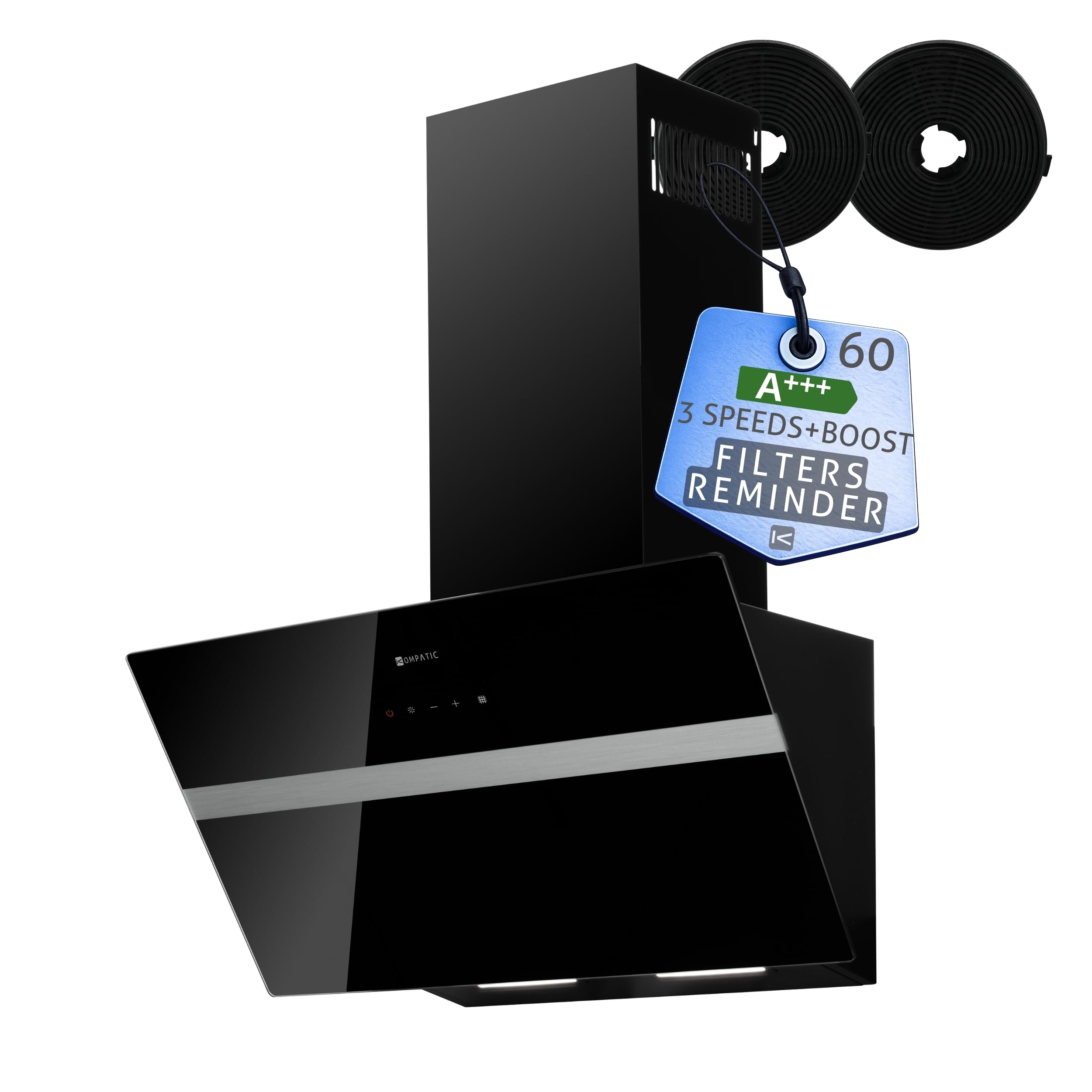 Avery KAVRW60B Campana extractora Inclinada 60 cm A+++ Motor DC 450 m³/h, Filtro Carbón Incluido, LED, 3 Velocidades + Boost, Temporizador, Recirculación/Evacuación, Negro Panel Cristal