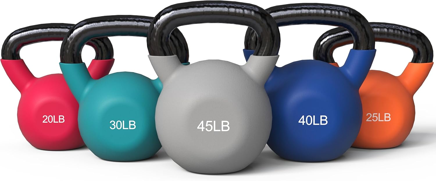 Mikolo Neoprene Coated Cast Iron Kettlebells 5-30LB Set, Solid Weight Set with Wide Grip Handle and Flat Bottom, Ideal for Full Body Strength Training at Home Gym