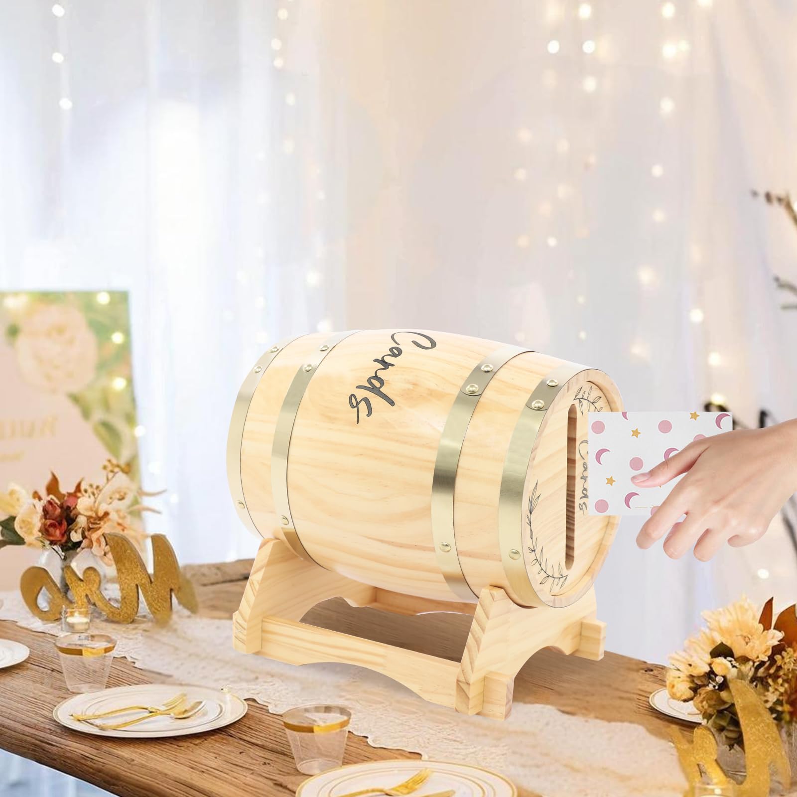 Kartenbox Hochzeit Holzfass, Kiefernholz für 150-250 Karten mit Sockel | Für Grußkarten, Umschläge und Gästebotschaften