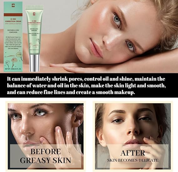 CC Red Correct With Centella Asiatica - Color Correcting Lightweight Skin Perfector Cream, Tinted Moisturizer With SPF 25, Full Coverage Foundation and Sunscreen