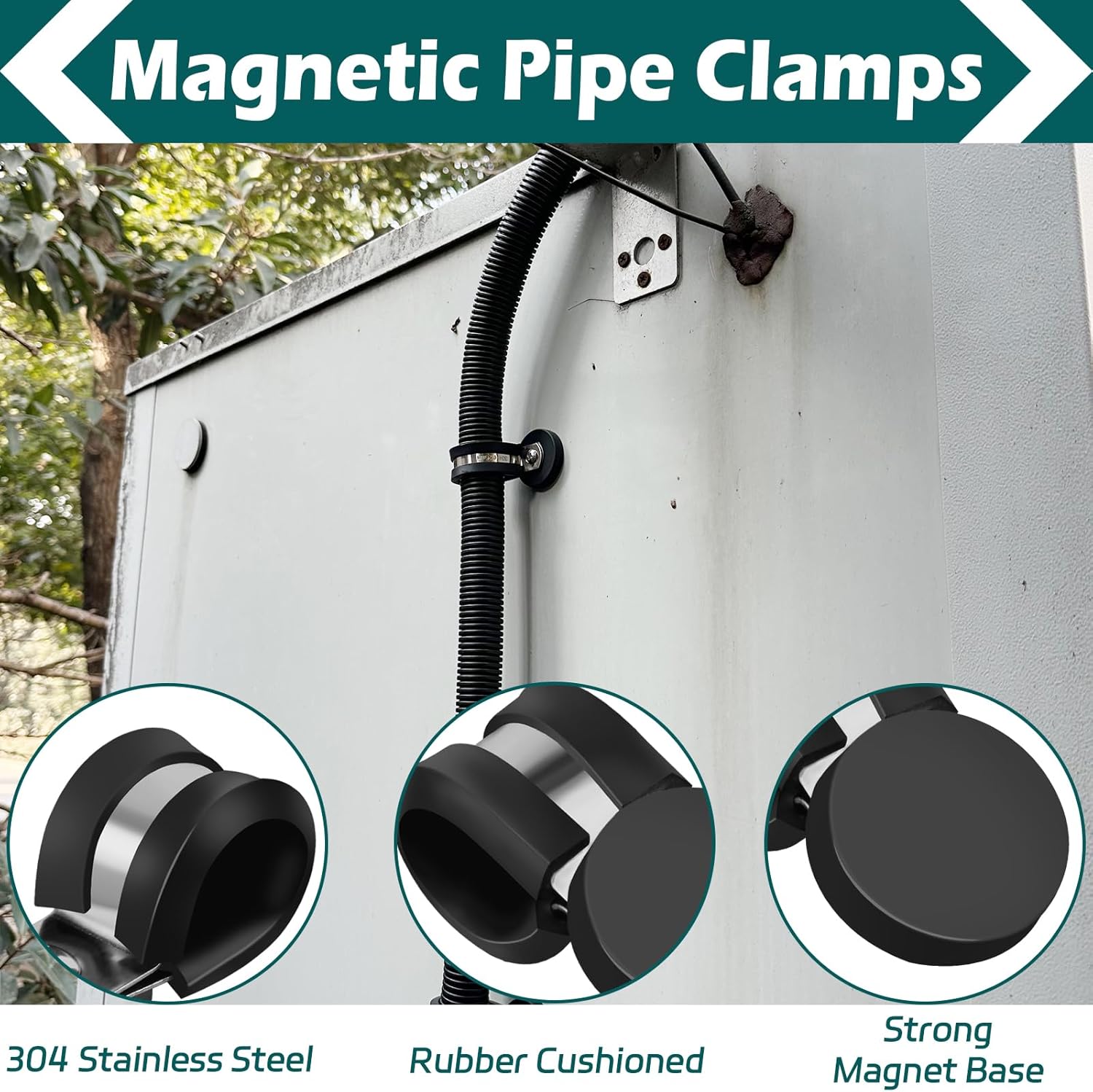 3/4 Inch Stainless Steel Cable Clamps, 8 Pack Heavy Duty Magnetic Pipe Clips, Rubber Cushioned Insulated Clamps, Magnetic R Shape Clamp Holder for Pipe, Wire, Cord, Tube, Loop Installation