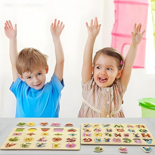 Miniatura 6 de SAOCOOL Rompecabezas para niños de 2 a 4 años, rompecabezas de madera para niños con formas de letras y números, juguetes de aprendizaje, grandes