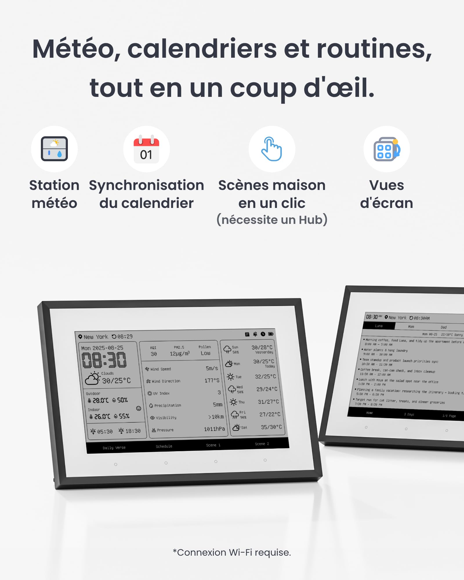 SwitchBot Tableau de bord domestique intelligent E-Ink, thermomètre hygromètre sans fil intérieur/extérieur avec calendrier, Wi-Fi 2,4GHz&BLE,compatible Google/iCloud/Outlook (2in1 Combo)