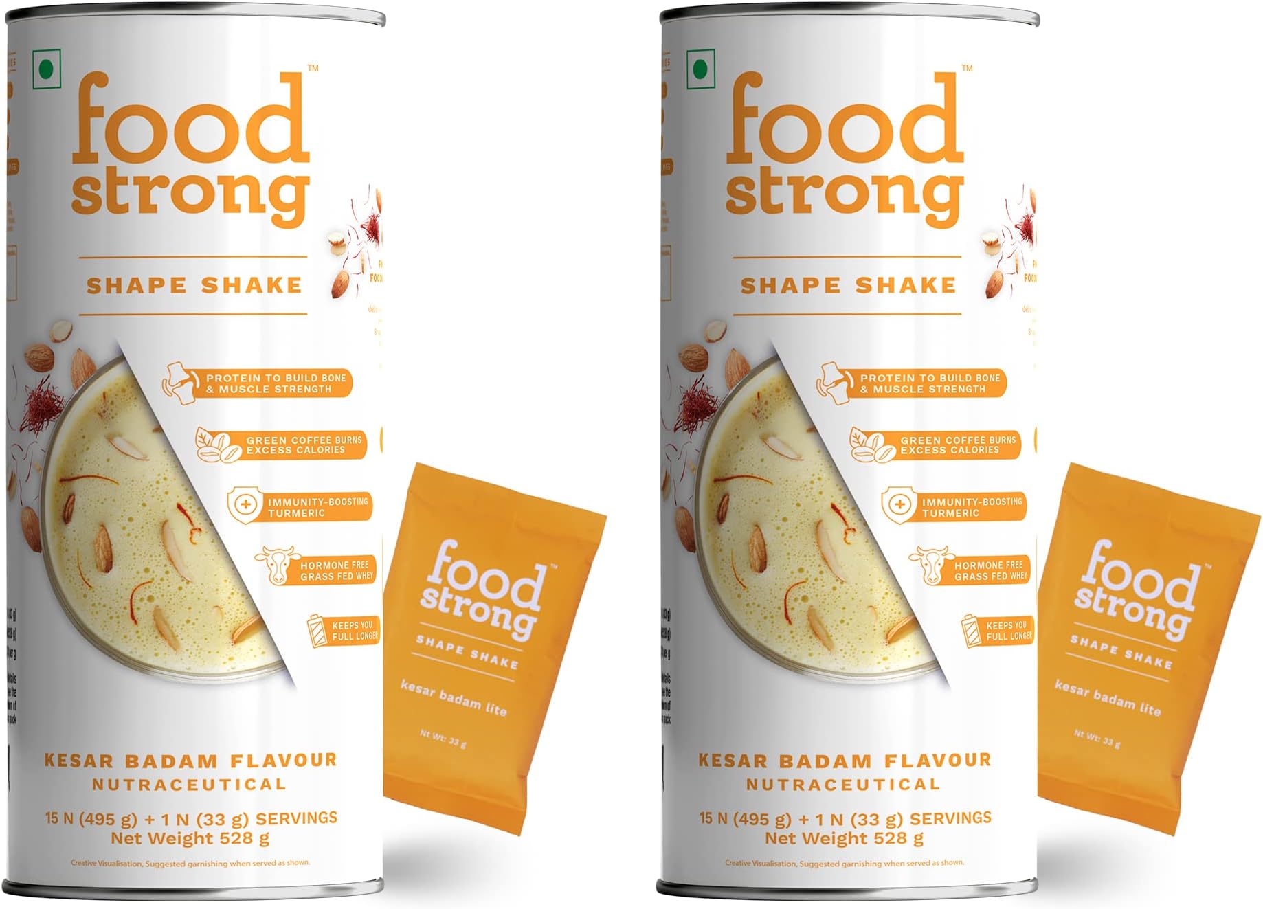 Foodstrong Whey Isolate Protein Powder, Grass-fed, 100% Whey, Shape Shake Kesar Badam Flavour, 26.2g Protein, With Turmeric, Green Tea, Green Coffee & Digestive Enzymes, 16 sachets, 528g (Pack of 2)