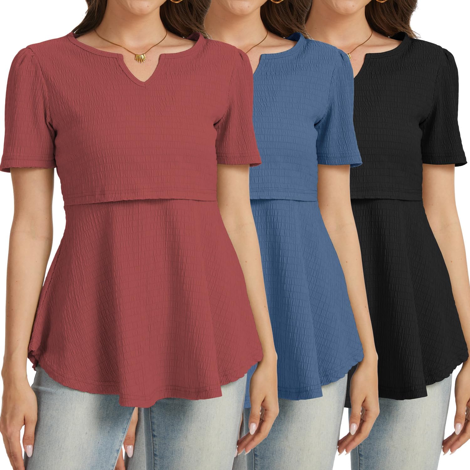 Bearsland Women's Nursing Top 3pack Short Sleeve V-Neck Nursing Shirt Breastfeeding Shirts
