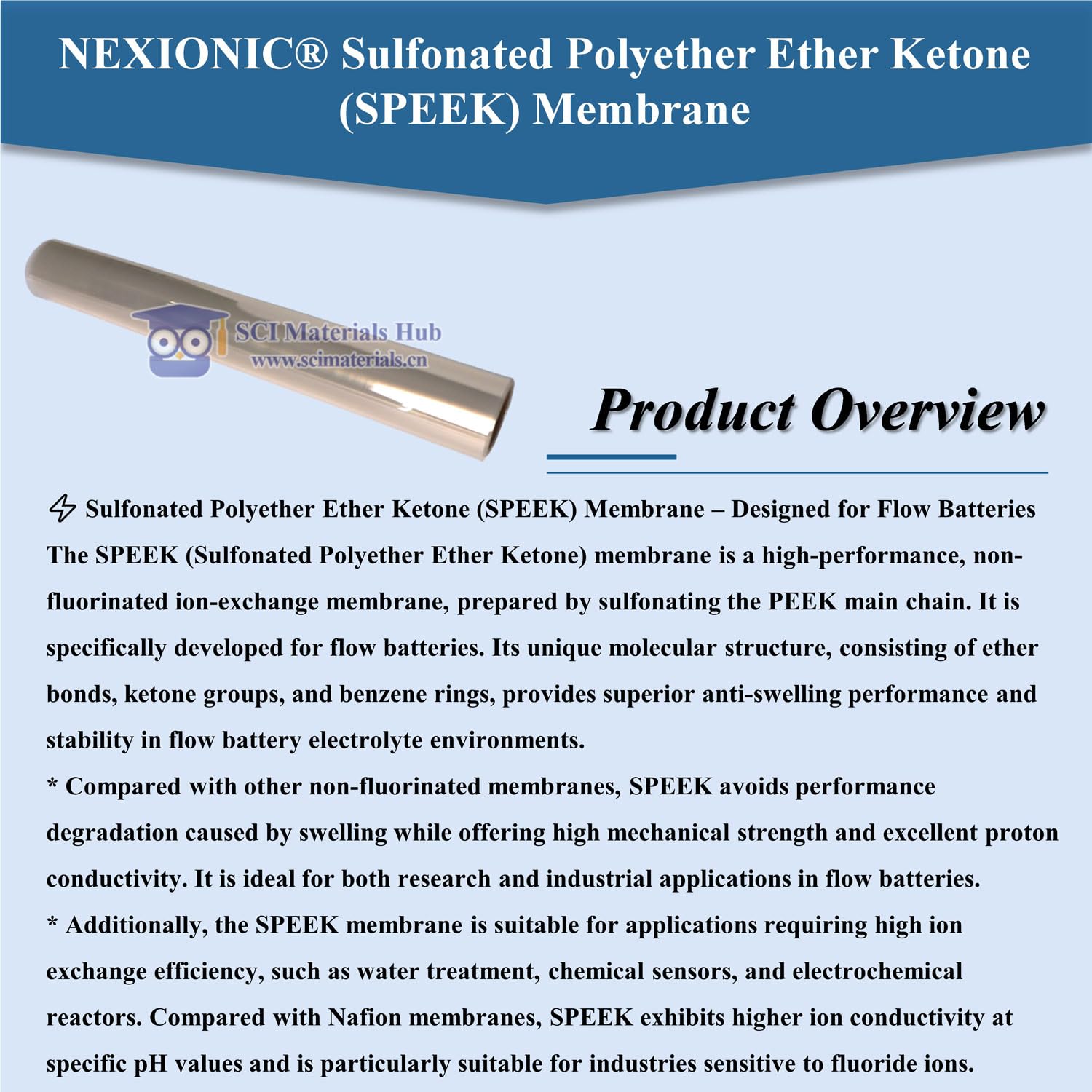 Generic Sulfonated Polyether Ether Ketone (SPEEK) Membrane (SPEEK-2560a_Thickness 25μm, 20×20cm)