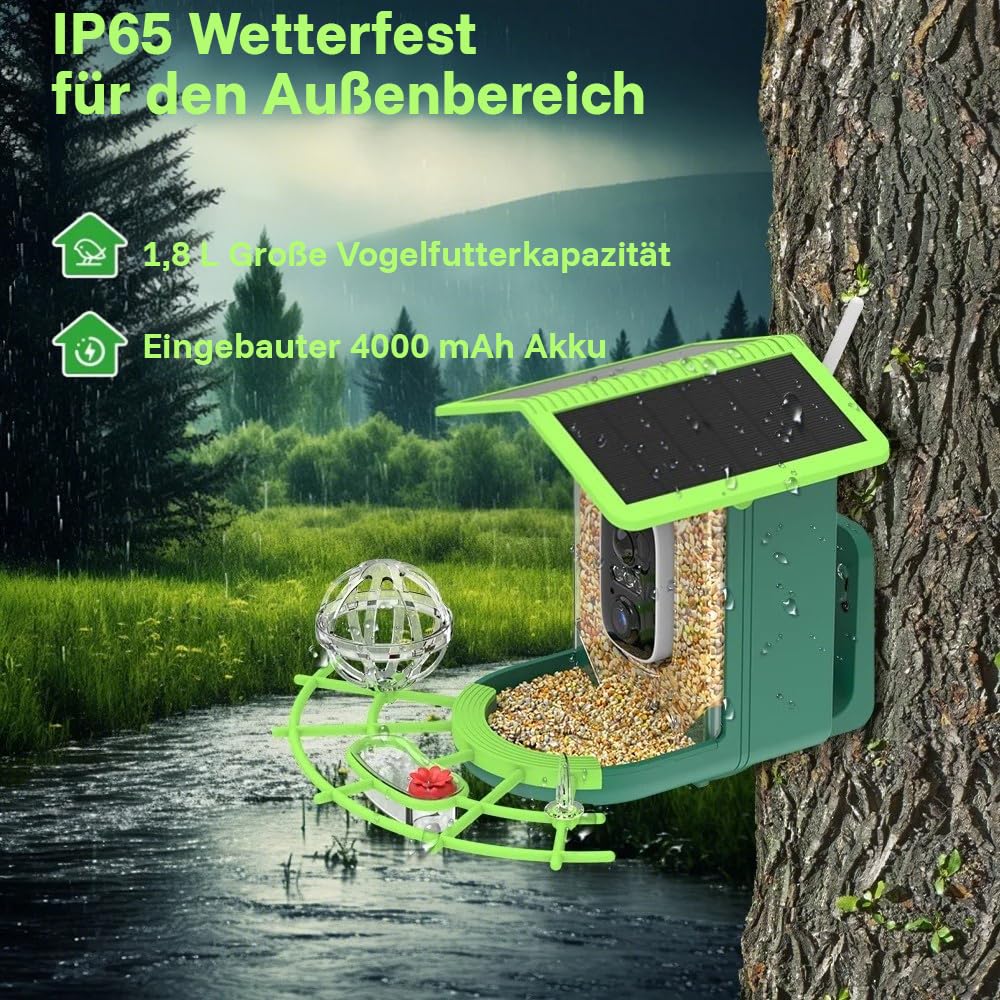 PEUZ Comedero para pájaros con cámara – 3 MP HD resolución solar y WiFi 2,4 GHz, detección de aves IA y notificación de aplicaciones, IP65 resistente a la intemperie, visión nocturna, gran angular de