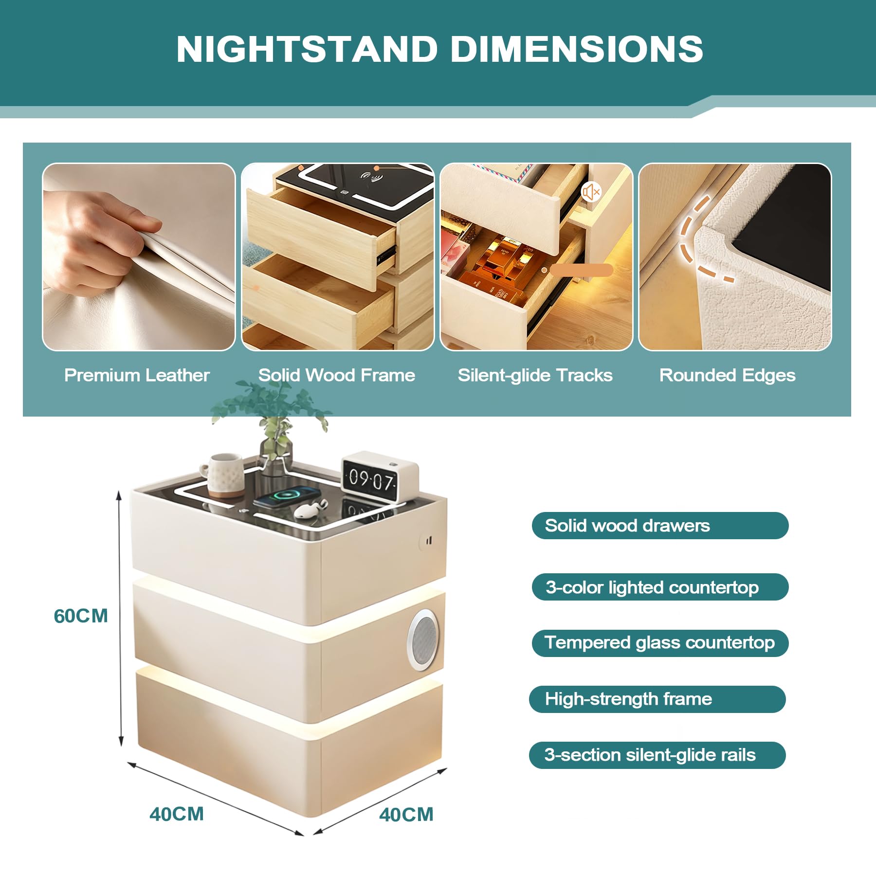 LED Nachttisch Weiß 2er Set, mit 3 Schubladens, Bluetooth-Lautsprecher, 3 Licht Dimmbar, Automatischer Sensor und Kabelloses Laden, Modern Intelligent Sofatisch