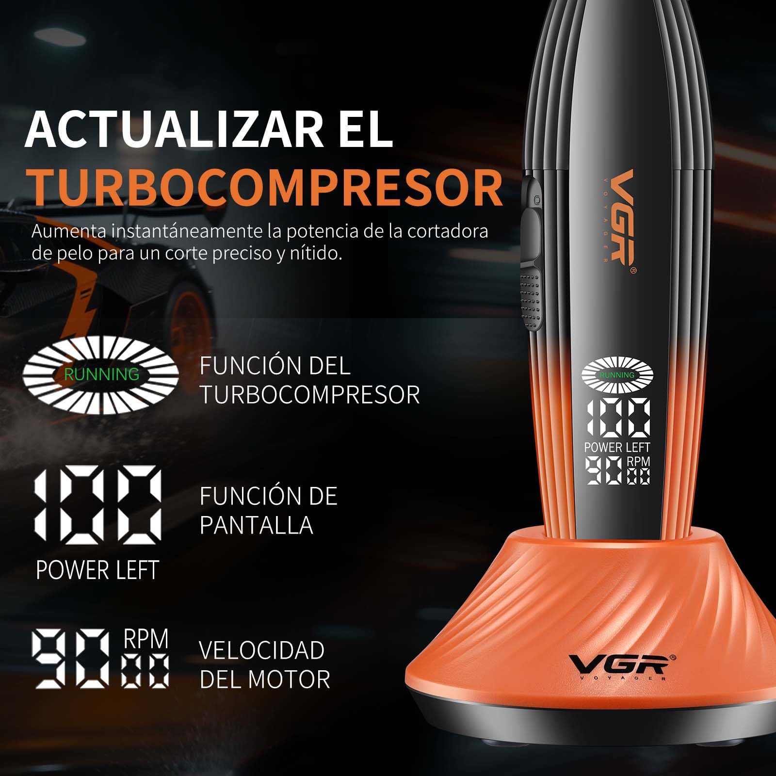 VGR 889T Maquina de Cortar Pelo Hombre Precisión, Base de Carga, Naranja | Cortapelos Hombre Profesional con Modo Turbo, Pantalla LED y Carga USB