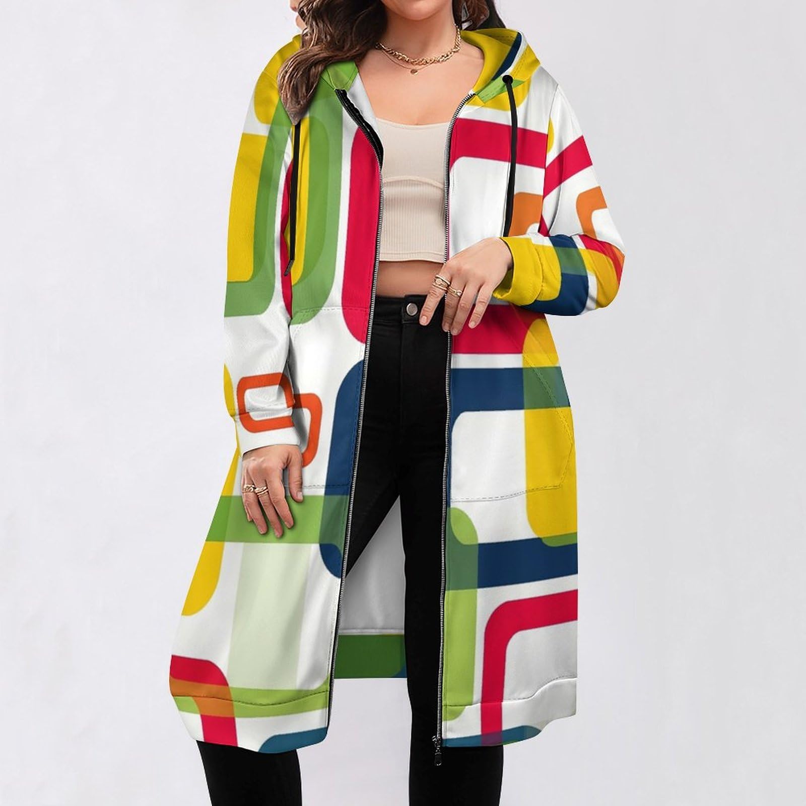 Felpa Donna con Zip Felpe Sportiva con Tasche E Cappuccio Motivo Quadrato Colorato Morbida Invernale Giacca Regolabile Confortevole per Uso Quotidiano Casual