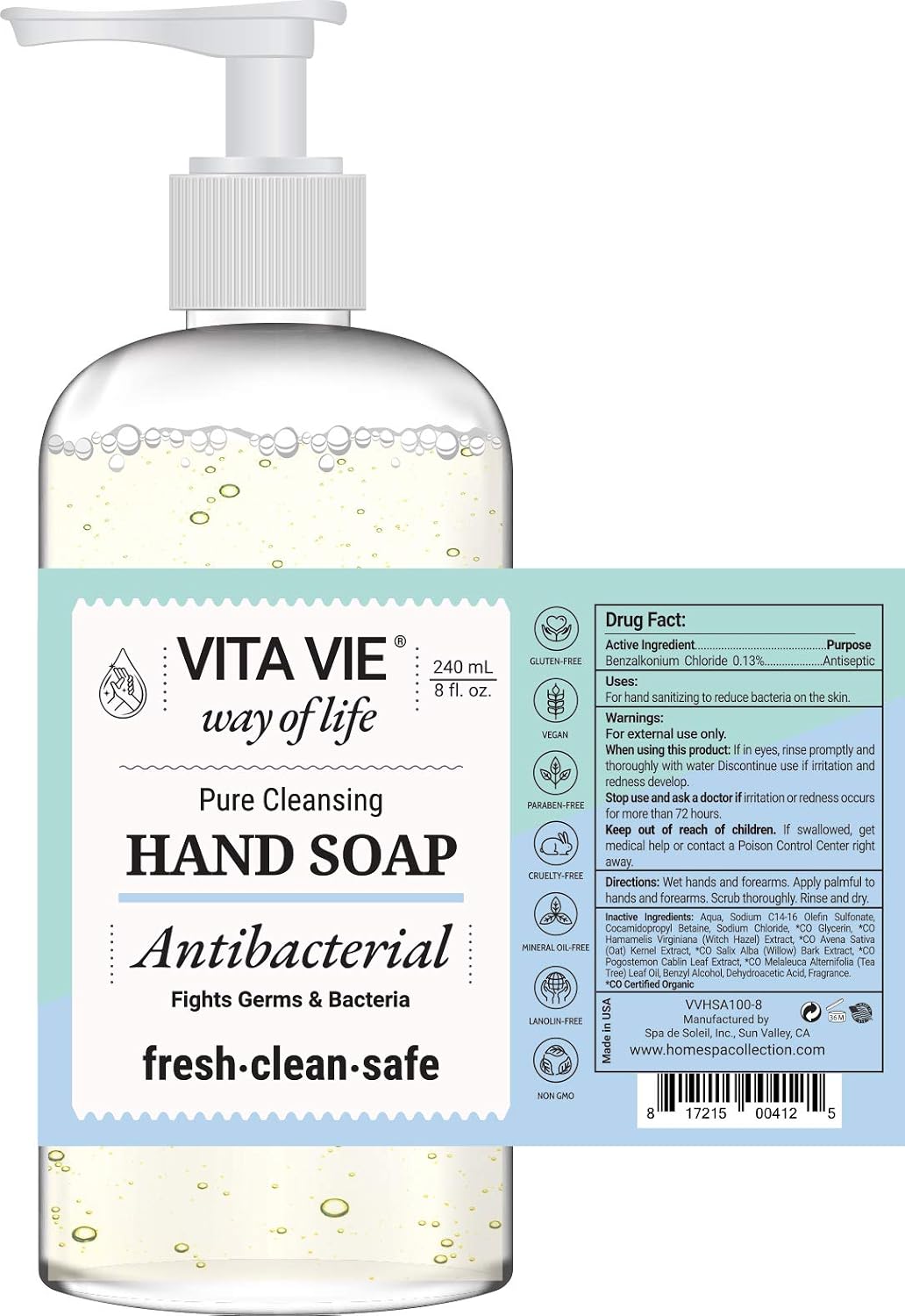 Liquid Hand Soap, Antibacterial Hand Wash With Hazel, Willow Bark Extract and Tea Tree Oil, Gentle and Non Drying for Everyday Use, Vegan, Paraben and Alcohol Free, Non GMO, 8 Fl Oz, 3 Pack