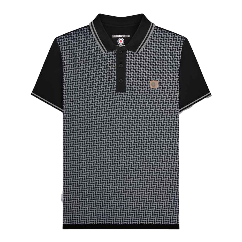 Lambretta Mens Houndstooth Short Sleeve Polo Shirt (UK, Alpha, 3XL, Regular, Regular, Black/Iron)