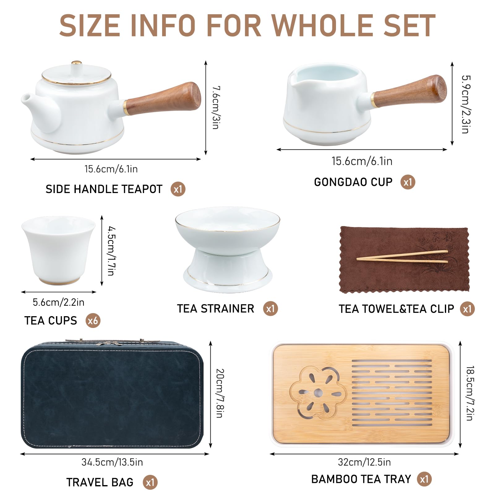 Japanisches Teeservice für 6, Tragbares Chinesisches Gongfu-Teeset 14 Stück Porzellan Teekanne Set Gongfu Teeservice inklusive Teetablett und Sieb für zu Hause,als Geschenk,Büro