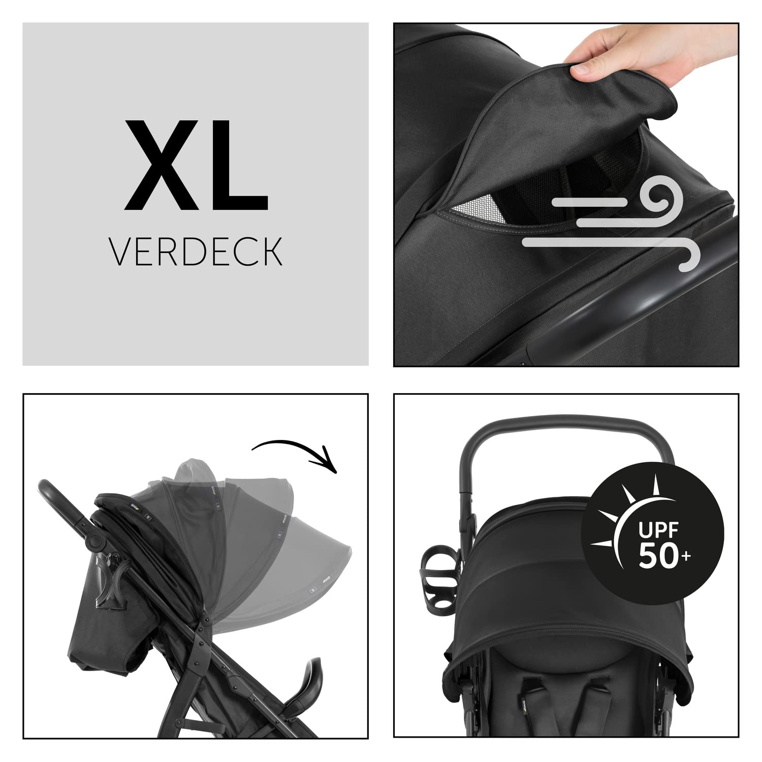 Hauck Rapid 4D Kinderbuggy Schwarz mit Liegefunktion UV Schutz 50+ Höhenverstellbarer Schieber Getränkehalter Pannensichere Gummi Räder