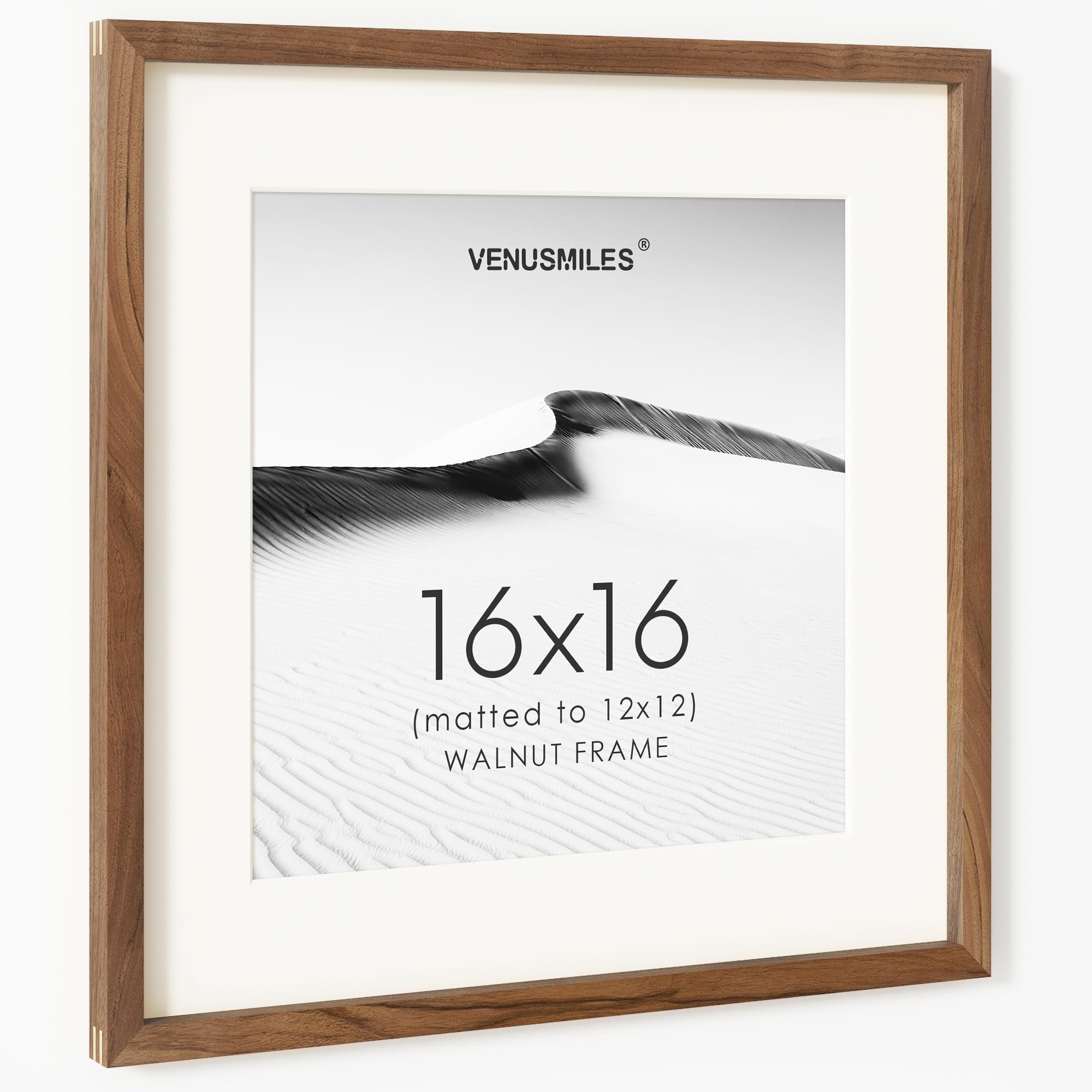 16x16 Picture Frame, USA-Sourced Natural Walnut Wood Photo Collage Frame with HD Tempered Glass, Modern Simple 16 x 16 Wooden Frame Matted to 12x12, Gallery Wall Frames for Art