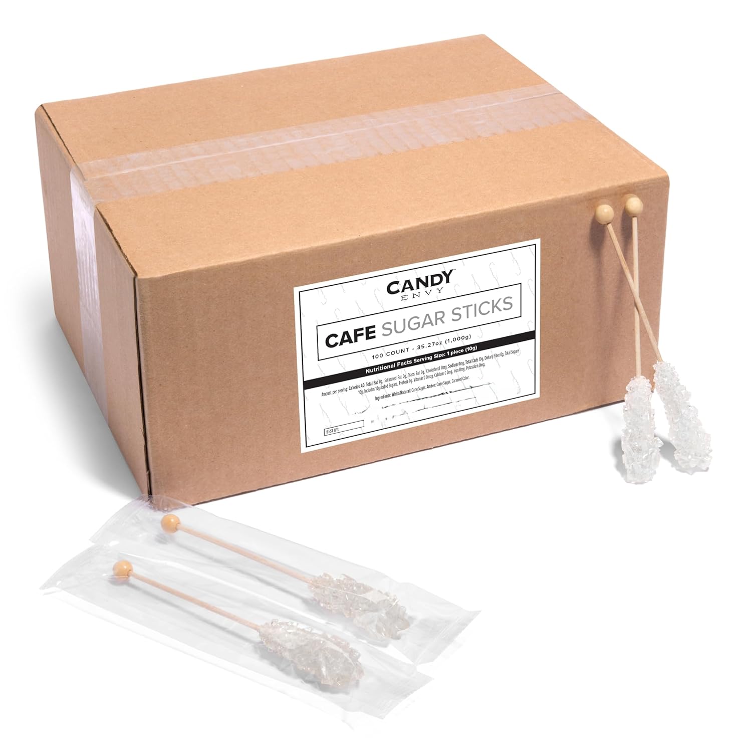Candy Envy - White Cafe Sugar Sticks Mini Rock Candy - 100 Bulk Individually Wrapped White Treats - Original Sugar Flavored Drink Stirrers