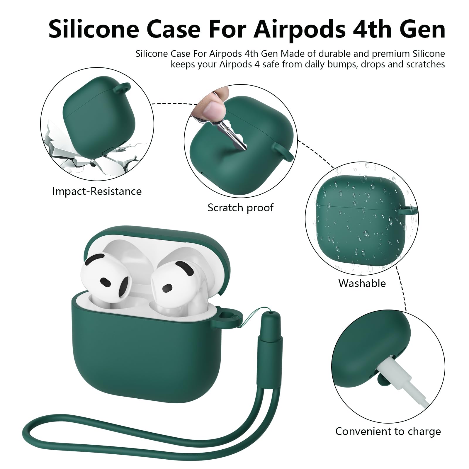 Custodia in Silicone Compatibile con AirPods 4 2024, Case Cover Protettiva in Morbido Silicone per AirPods 4ª Generazione, LED Anteriore Visibile, 2pcs (Nero/Verde scuro) - 4