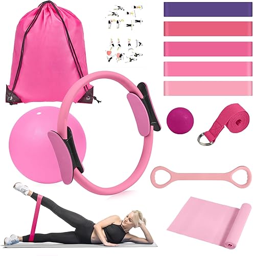 HASHMUST Kit de anillos de pilates de 12 piezas para mujer, equipo de entrenamiento en casa con círculo mágico, mini pelota de ejercicio, bandas de