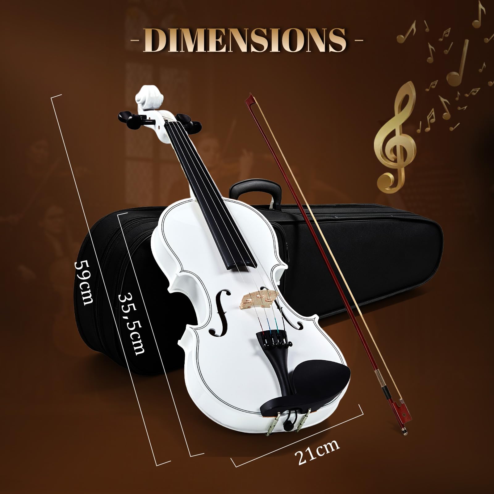 Bonnlo Violino per Bambini e Principianti, Misure 1/4, 1/2, 3/4 e 4/4, Violino in Legno Compensato di Tiglio con Acro in Legno Rosso, Astuccio, Colofonia e Mentoniera, 4/4, Bianco